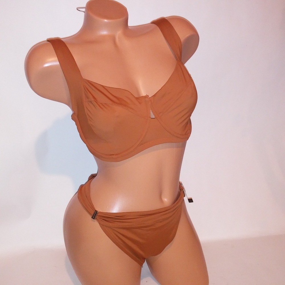 Victoria Secret Swim Bikini 38DD Top XL Bottom Ginger Solid Wicker Underwire New